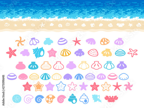 浜辺のイラストアイコンセット（貝・ヒトデ・カニ）