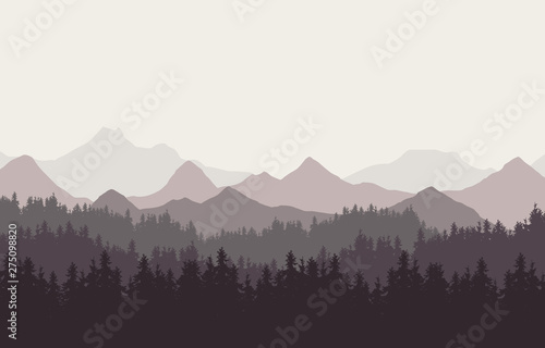 Realistic illustration of mountain landscape with hills and coniferous forest under retro color sky. Suitable as a holiday or travel advertisement, vector
