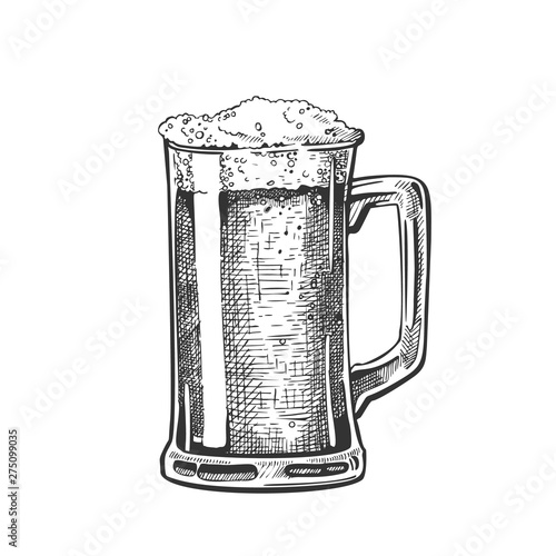 Hand Drawn Mug With Froth Bubble Beer Drink Vector. Full Mug With Handle And Alcoholic Fresh Cold Brewery Liquid Light Ale. Closeup Monochrome Black And White Template Cartoon Illustration