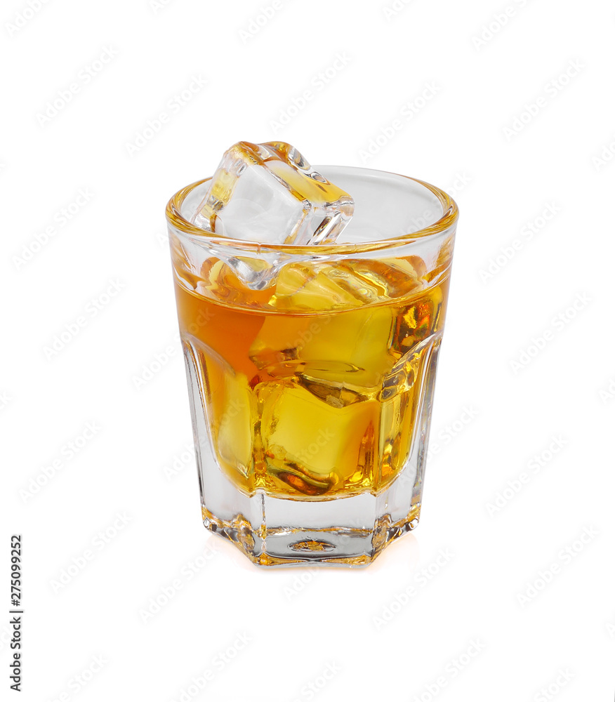 Glass of scotch whiskey and ice on white background Glass of scotch whiskey and ice on white background