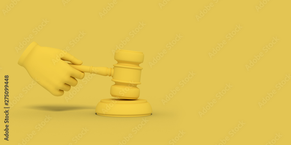 Cartoon hand is holding a judge's gavel. Illustration on yellow color background. 3D-rendering. Cartoon hand is holding a judge's gavel. Illustration on yellow color background. 3D-rendering.