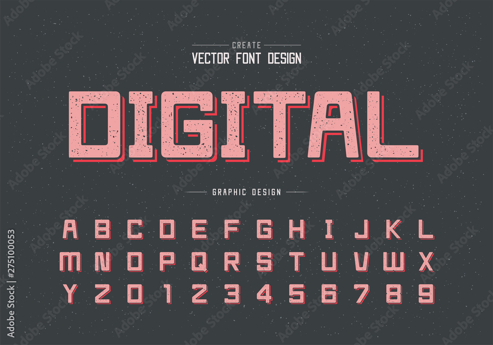 Texture Font and alphabet vector, Square typeface letter and number design, Graphic text on background