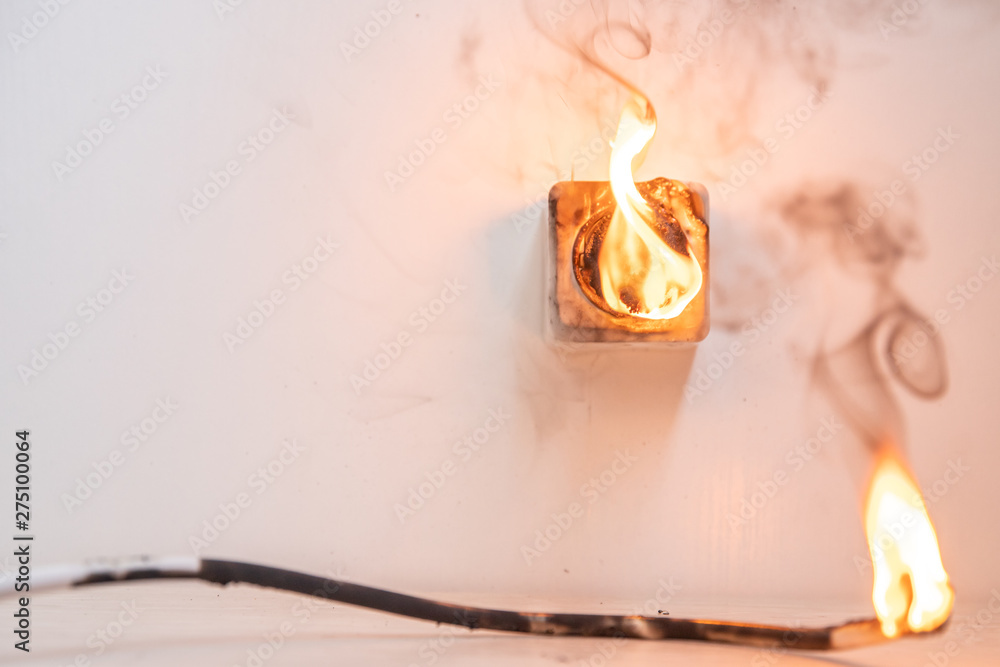 Electrical short circuit. Failure caused by burning wire and rosettes ...