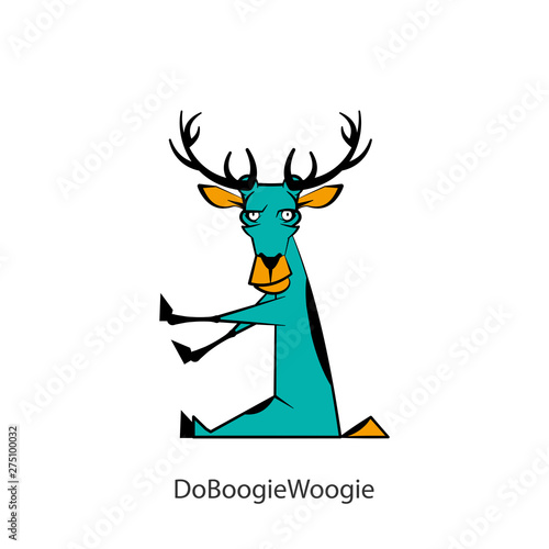 Cartoon character of a forest animal. A funny, cool deer with big horns sits cross-legged and grimaces. Vector illustration. Do boogie-woogie!