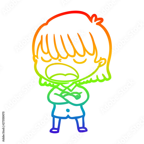 rainbow gradient line drawing cartoon woman talking loudly