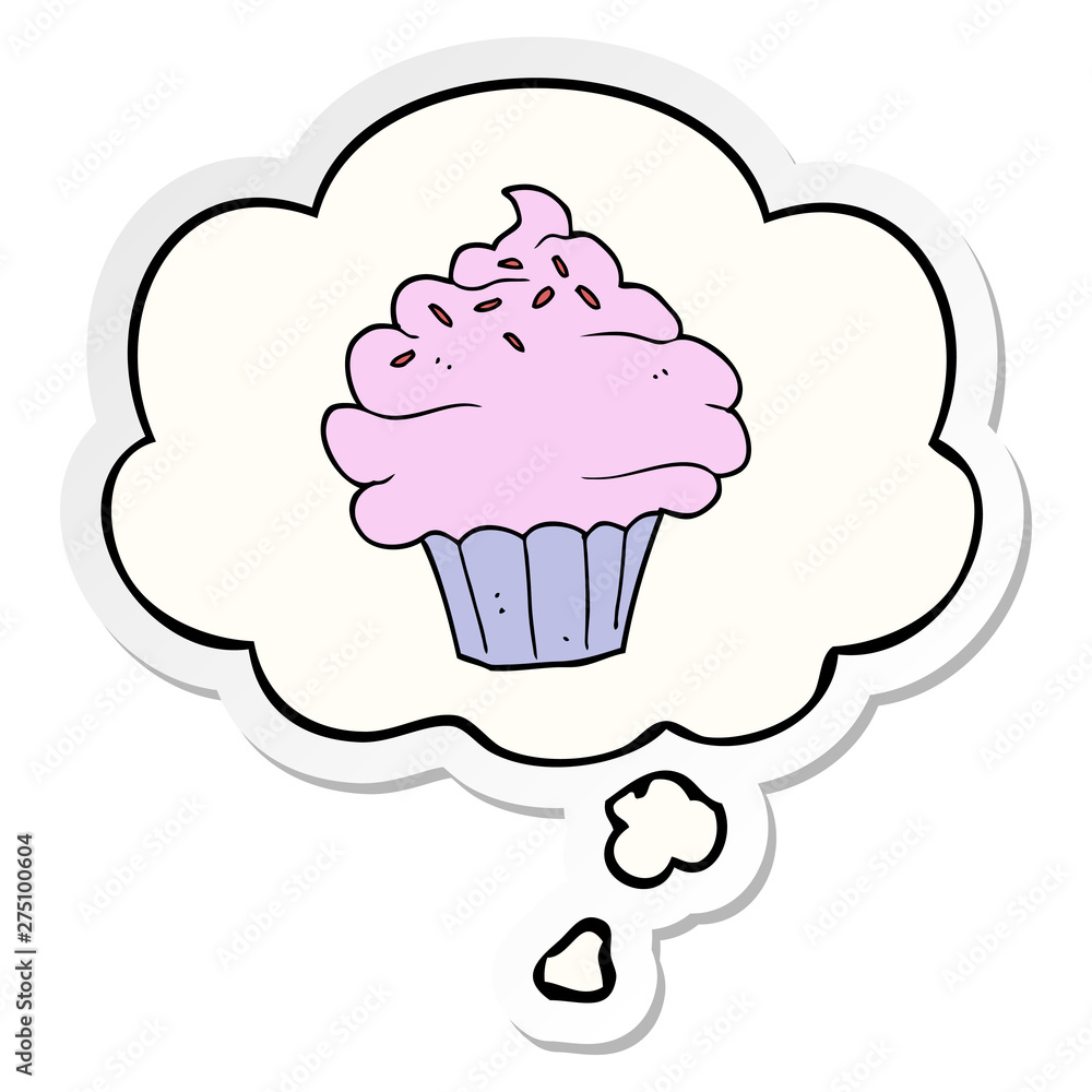 cartoon cupcake and thought bubble as a printed sticker cartoon cupcake and thought bubble as a printed sticker