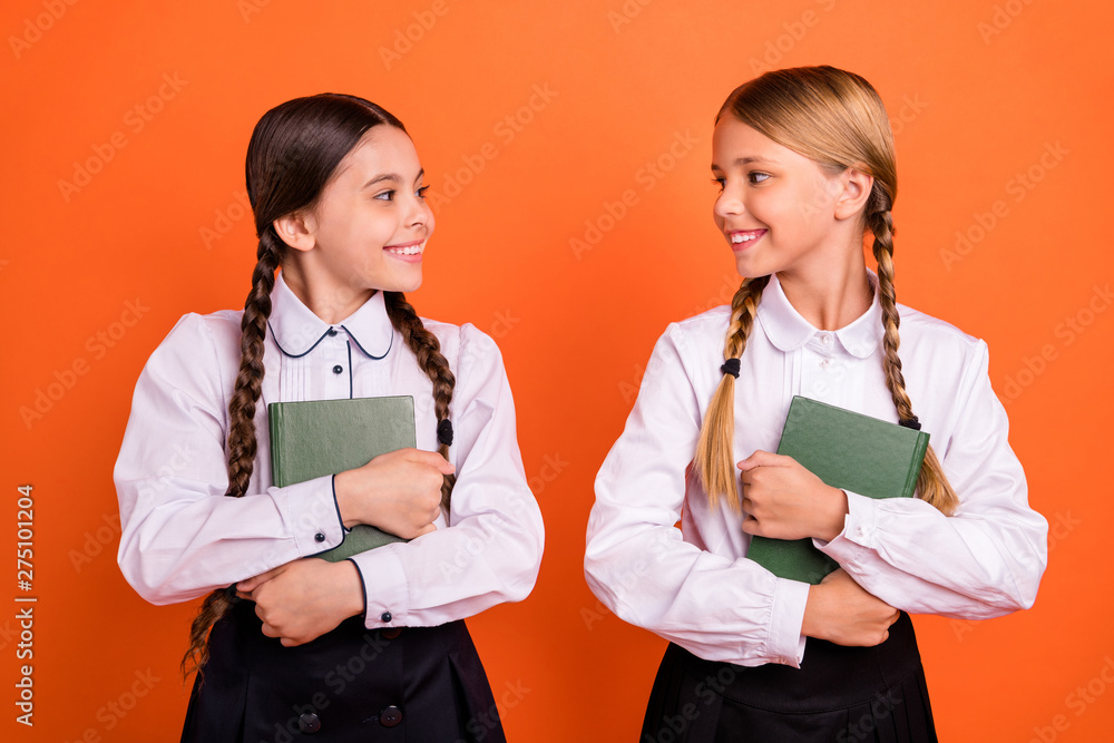 Portrait of two person nice-looking attractive lovely sweet charming cute cheerful pre-teen girls learners holding lesson course materials in hands isolated over bright vivid shine orange background Portrait of two person nice-looking attractive lovely sweet charming cute cheerful pre-teen girls learners holding lesson course materials in hands isolated over bright vivid shine orange background