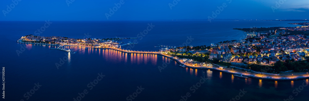 Panoramic view of drone to the sea town Nessebar on Black Sea, Bulgaria