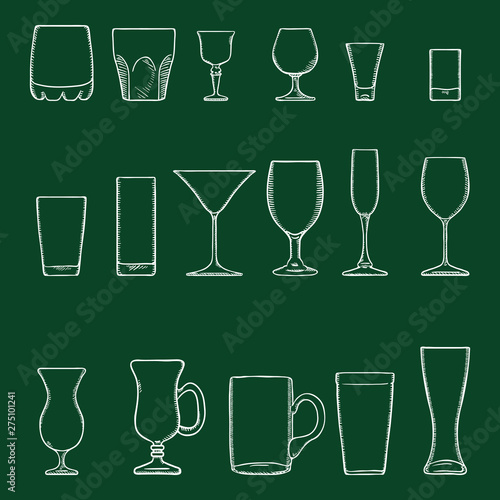 Vector Set of Chalk Sketch Stemware. Glasses for Alcohol, Cocktails and Soft Drink
