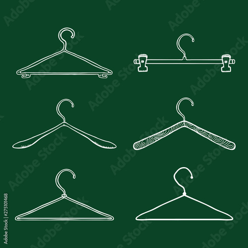 Vector Set of Chalk Sketch Shoulder Hangers for Clothing. Wardrobe Equipment