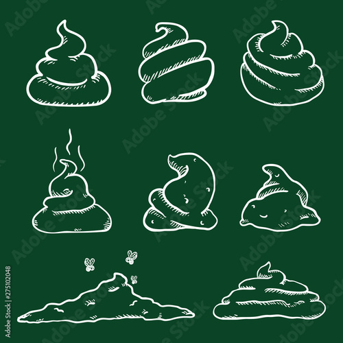 Vector Set of Chalk Sketch Doodle Poop. Hand Drawn Shit Variations.