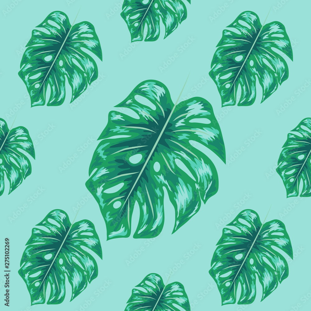 Fototapeta premium Tropical leaf design featuring blue Monstera plant leaves. Seamless repeating pattern.