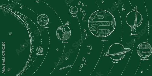 Vector Chalk Hand Drawn Sketch Illustration - Solar System with Sun and all Planets.