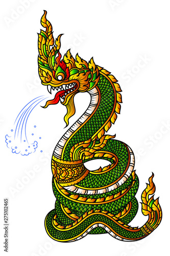 Colorful Tattoo Serpent or Naga spraying water