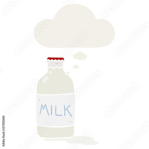 cartoon milk bottle and thought bubble in retro style