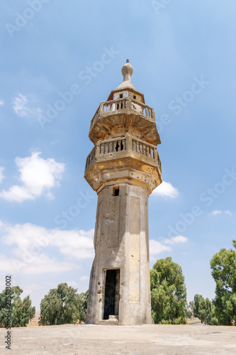 The ruined mosque Horvat Khushniya with the minaret remaining after the war of the Judgment Day (Yom Kippur War) on the Golan Heights, near the border with Syria in Israel