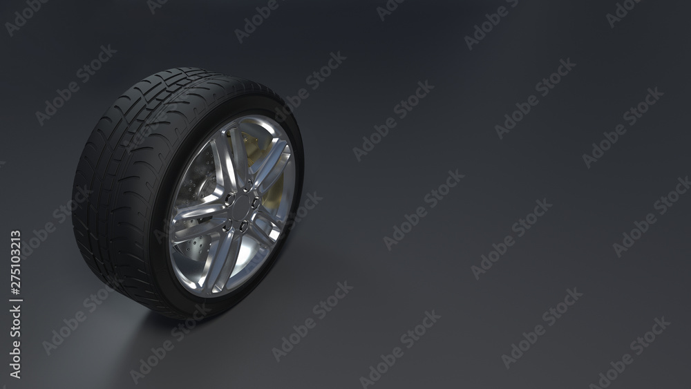 Alloy wheels tire auto on a dark background 3d render Alloy wheels tire auto on a dark background 3d render