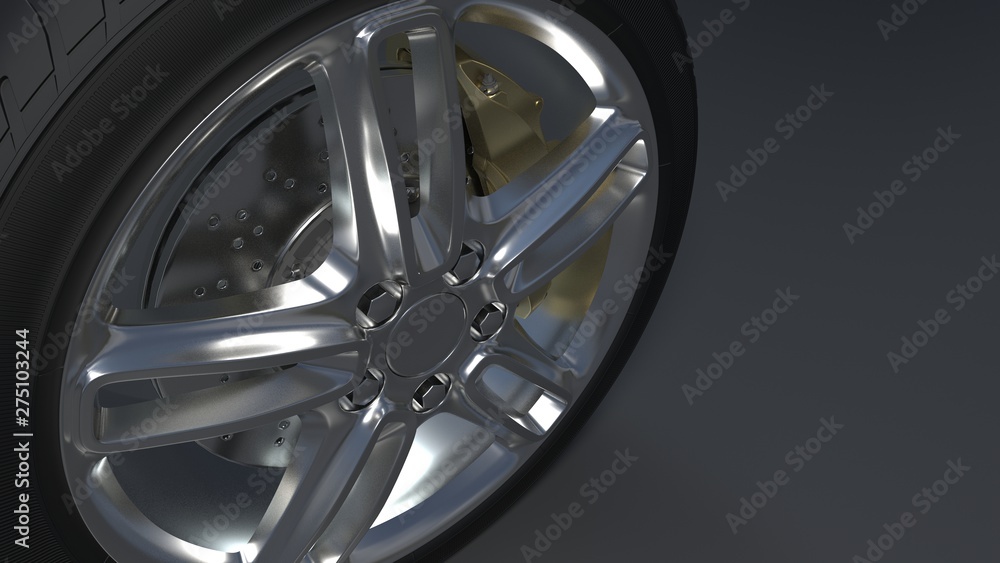 Alloy wheels tire auto on a dark background 3d render Alloy wheels tire auto on a dark background 3d render