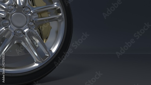 Alloy wheels tire auto on a dark background 3d render