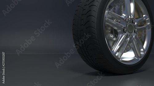 Alloy wheels tire auto on a dark background 3d render