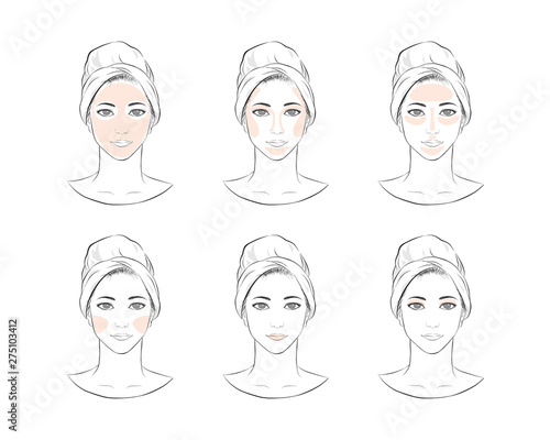 Steps how to face make-up. take care about face vector illustration isolated cartoon hand drawn