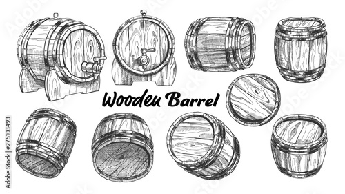 Vintage Wooden Barrel In Different Side Set Vector. Collection Of Barrel For Production, Storaging And Shipping Alcoholic Drinks. Monochrome Equipment Object For Liquid Cartoon Illustration