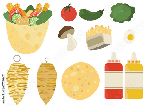 Kebab doner set color flat fast food illustrations recipe ingredients