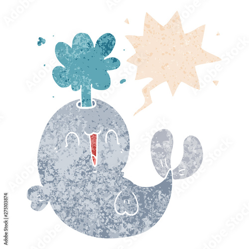 cartoon whale spouting water and speech bubble in retro textured style