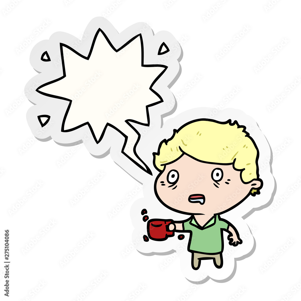 cartoon man jittery from drinking too much coffee and speech bubble sticker cartoon man jittery from drinking too much coffee and speech bubble sticker