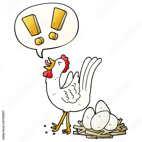 cartoon chicken laying egg and speech bubble in smooth gradient style