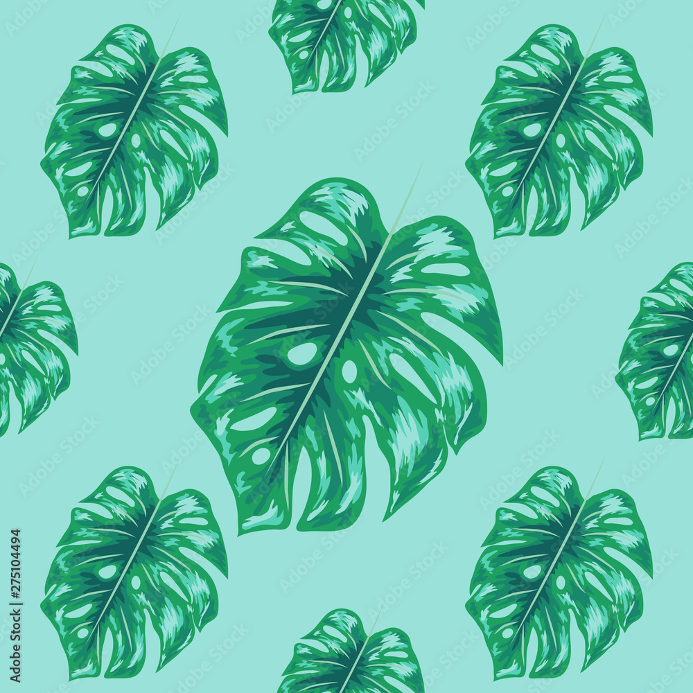 Tropical leaf design featuring blue Monstera plant leaves. Seamless repeating pattern.