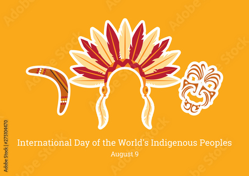 International Day of the World's Indigenous People vector. Symbols of indigenous people. Indian headband icon. Maori face ornament vector. Boomerang icon vector. Important day