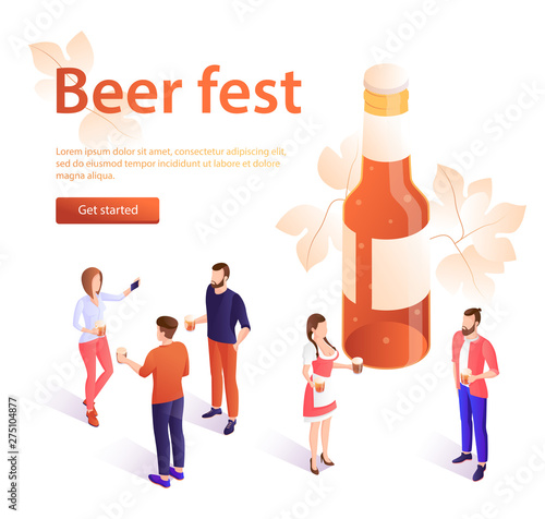 Oktoberfest concept banner in isometric style. Banner beer fest, beer festival poster. A young girl in traditional dress carries beer. Oktoberfest celebration, men and women holding beer mugs. For adv