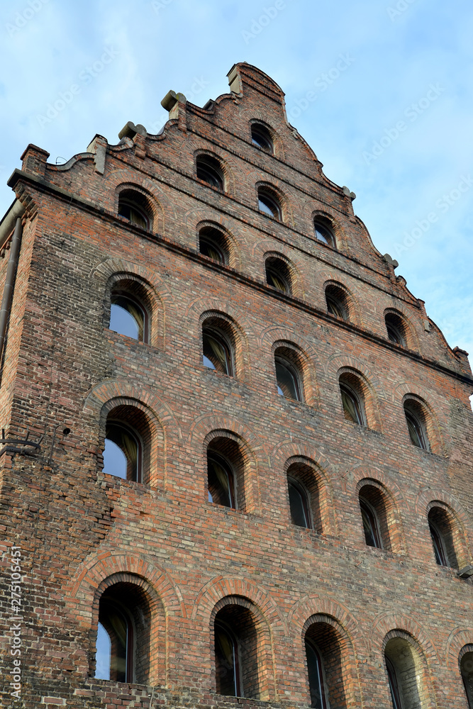 Facade of the ancient repaired barn. Gdansk, Poland