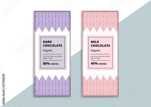 Organic dark and milk chocolate bar design. Creative abstract choco packaging vector mockup. Trendy luxury product branding template with label and pattern.