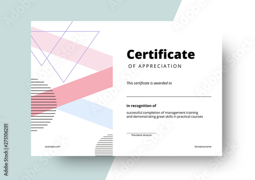 Certificate of appreciation template design. Elegant business diploma layout for training graduation or course completion. Vector background illustration.
