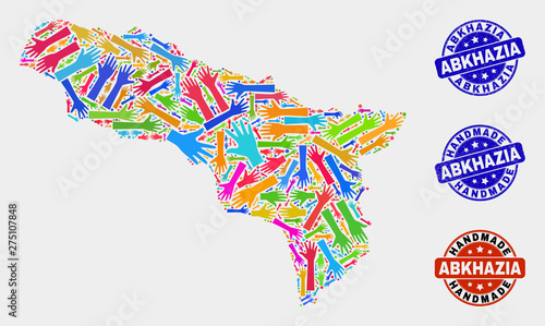 Vector handmade composition of Abkhazia map and grunge watermarks. Mosaic Abkhazia map is made from randomized bright colored hands. Rounded watermarks with grunge rubber texture.