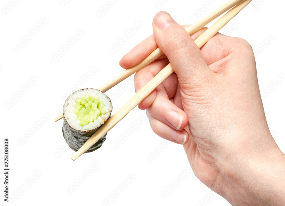 chopsticks hold kappa maki roll with cucumber chopsticks hold kappa maki roll with cucumber