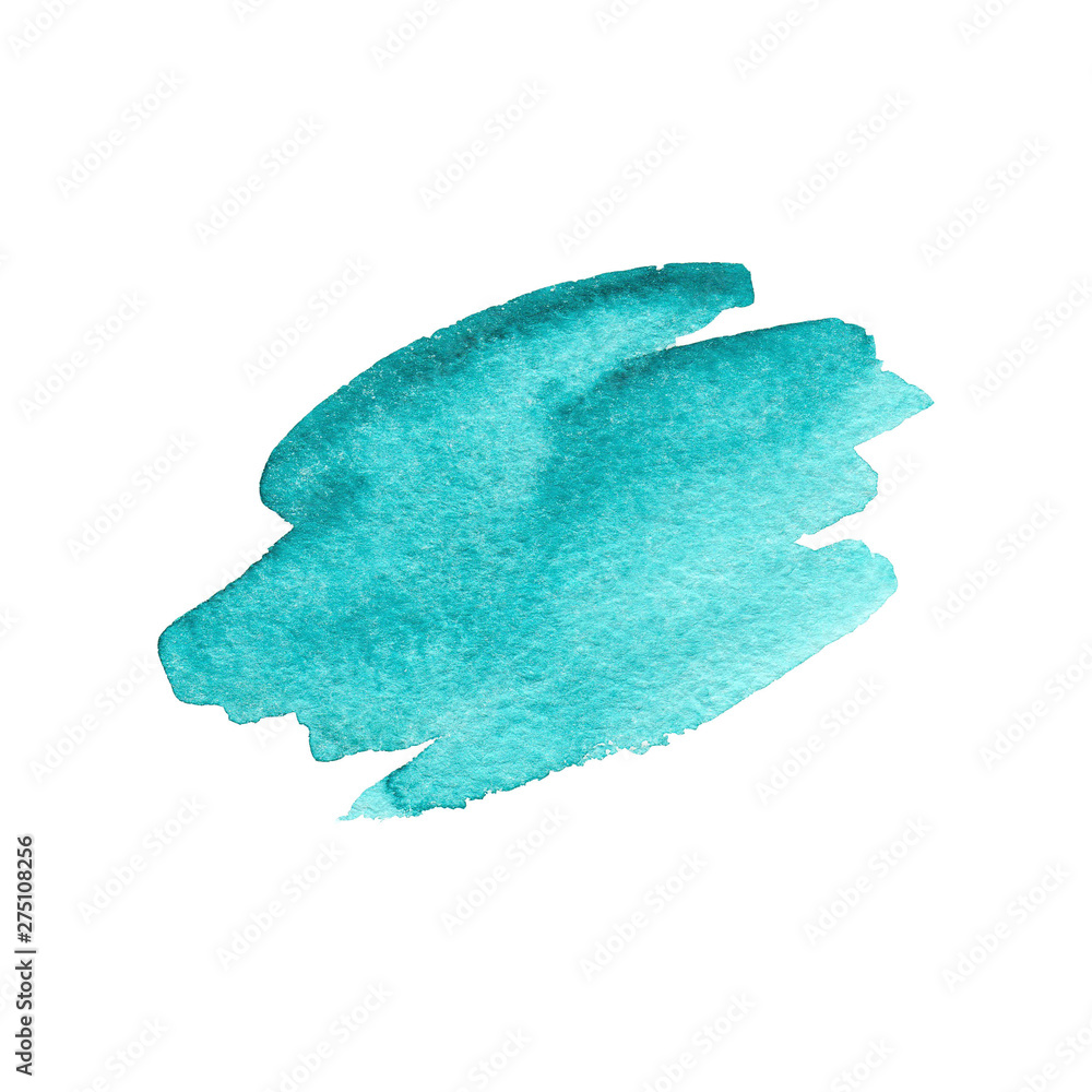 Hand drawn watercolor turquoise brush strokes with rough edge on white background.Graphic element for decoration design