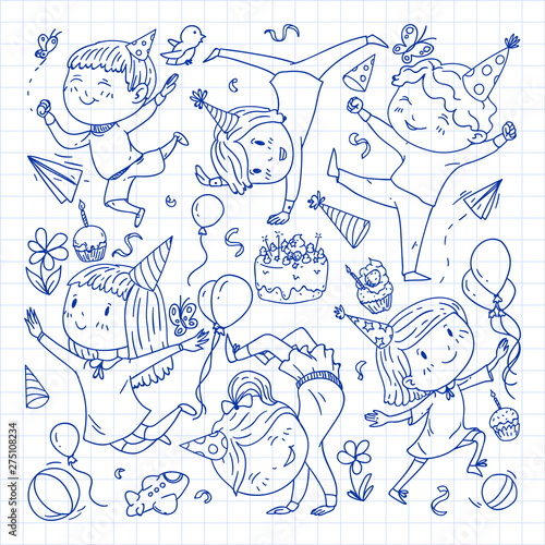 Vector illustration in cartoon style, active company of playful preschool kids jumping, at a party, birthday. Pen drawing in squared notebook.