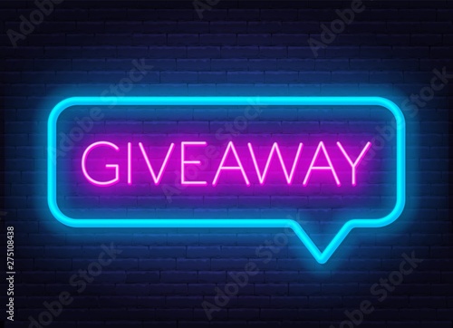 Neon sign giveaway in speech bubble frame on dark background.