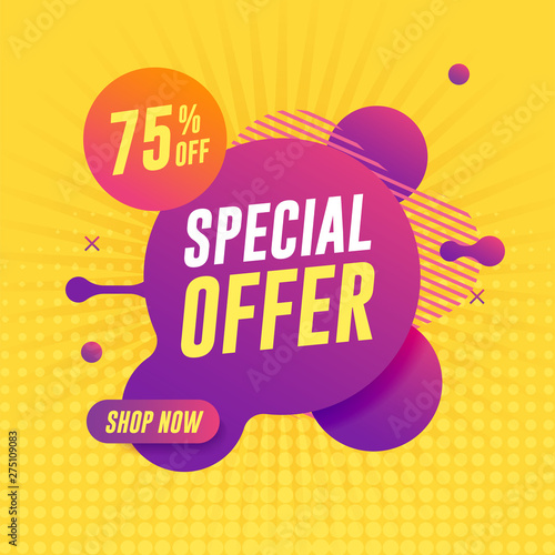 Special offer banner on yellow background. Abstract liquid banner