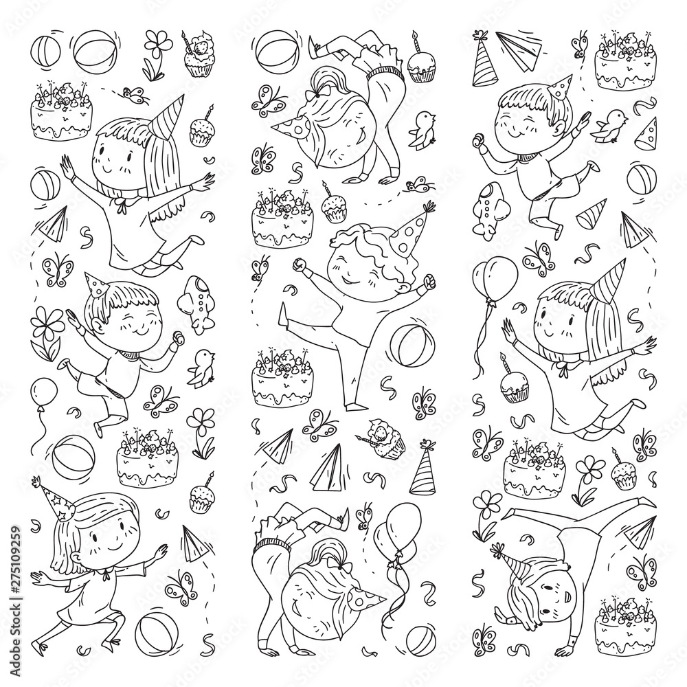 Vector illustration in cartoon style, active company of playful preschool kids jumping, at a party, birthday. Monochrome style in black and white color. Vector illustration in cartoon style, active company of playful preschool kids jumping, at a party, birthday. Monochrome style in black and white color.