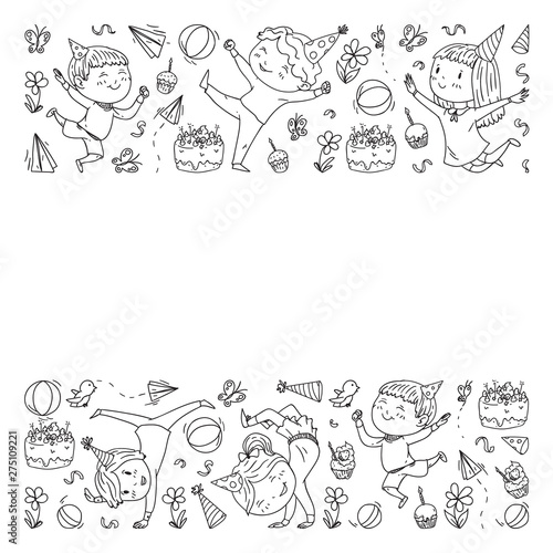 Vector illustration in cartoon style, active company of playful preschool kids jumping, at a party, birthday. Monochrome style in black and white color.