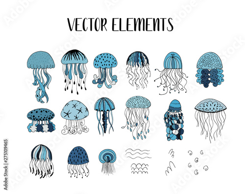 Vector set of jellyfish style drawn by hand