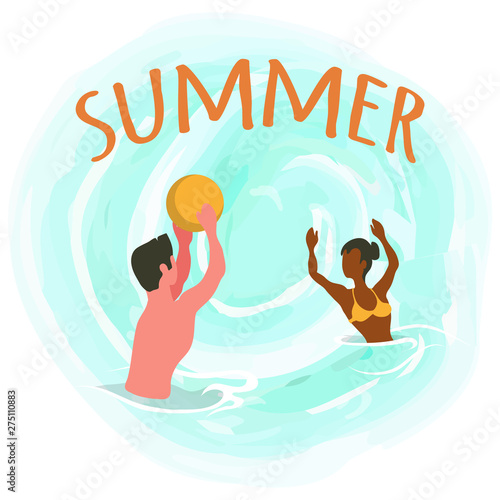 Summer vector, isolated people playing waterpolo, on water, waterpolo with inflatable ball. Man and woman having good time on vacation, sumertime couple game