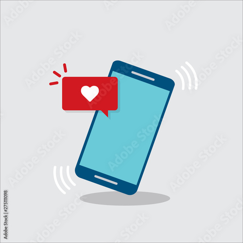 Vector illustration smartphone with heart emoji speech bubble get message on screen. Social network and mobile device concept. Flat design for print, websites, web banner.