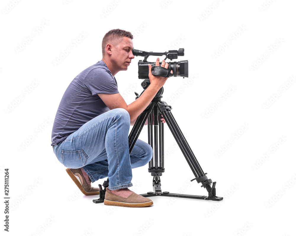 Fotografia do Stock: Cameraman. Video camera operator isolated on a white  background. | Adobe Stock