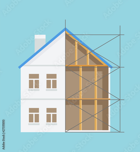 Building construction, logs indoor, windows and chimney, half built house, engineering occupation, interior and exterior, architecture technology vector