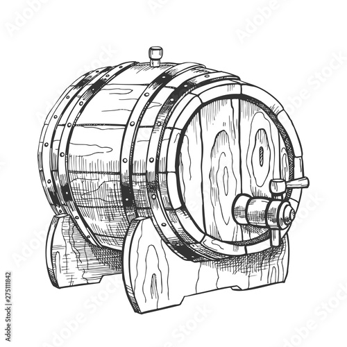 Vintage Drawn Barrel With Tap For Liquid Vector. Lying On Wooden Stand Brewing Equipment For Production, Storaging And Shipping Beer To Pub Tavern. Closeup Object Monochrome Cartoon Illustration © PikePicture